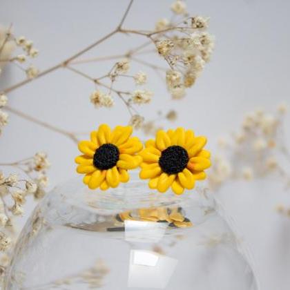 Miniature Handmade Clay Sunflower Stud Earrings,..