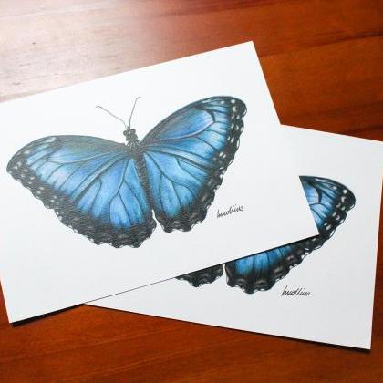 Butterfly Drawing A5 Print, Hand Drawn, Blue..