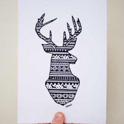Deer Drawing Art Print, Handmade, Hand Drawn..