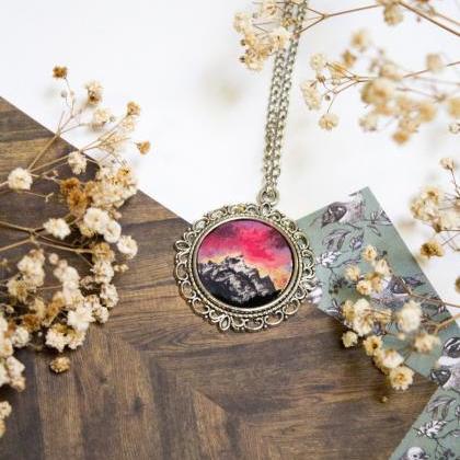 Hand Painted Sunset Mountains Pendant Or Mini Wall..