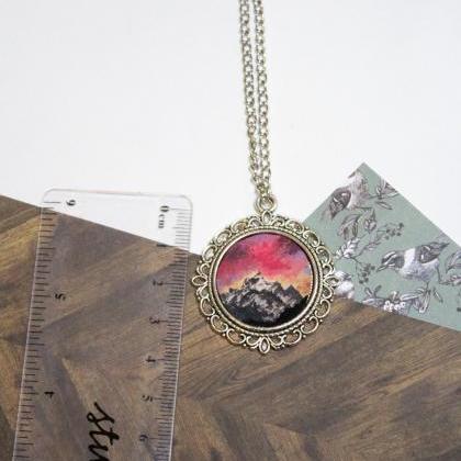 Hand Painted Sunset Mountains Pendant Or Mini Wall..