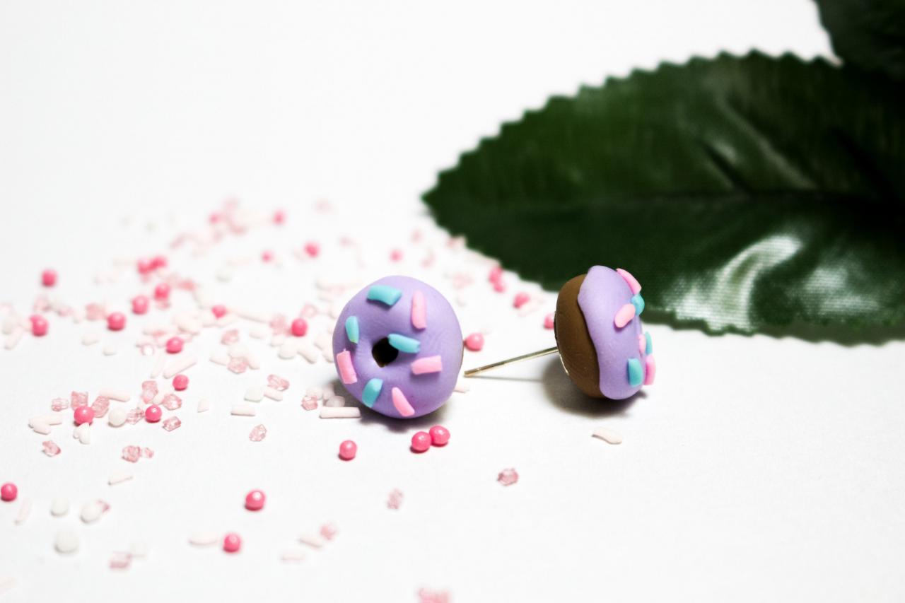 Mini Handmade Donut Stud Earrings, Polymer Clay, Purple Miniature Doughnut Studs, Gift For Her, Made In Australia