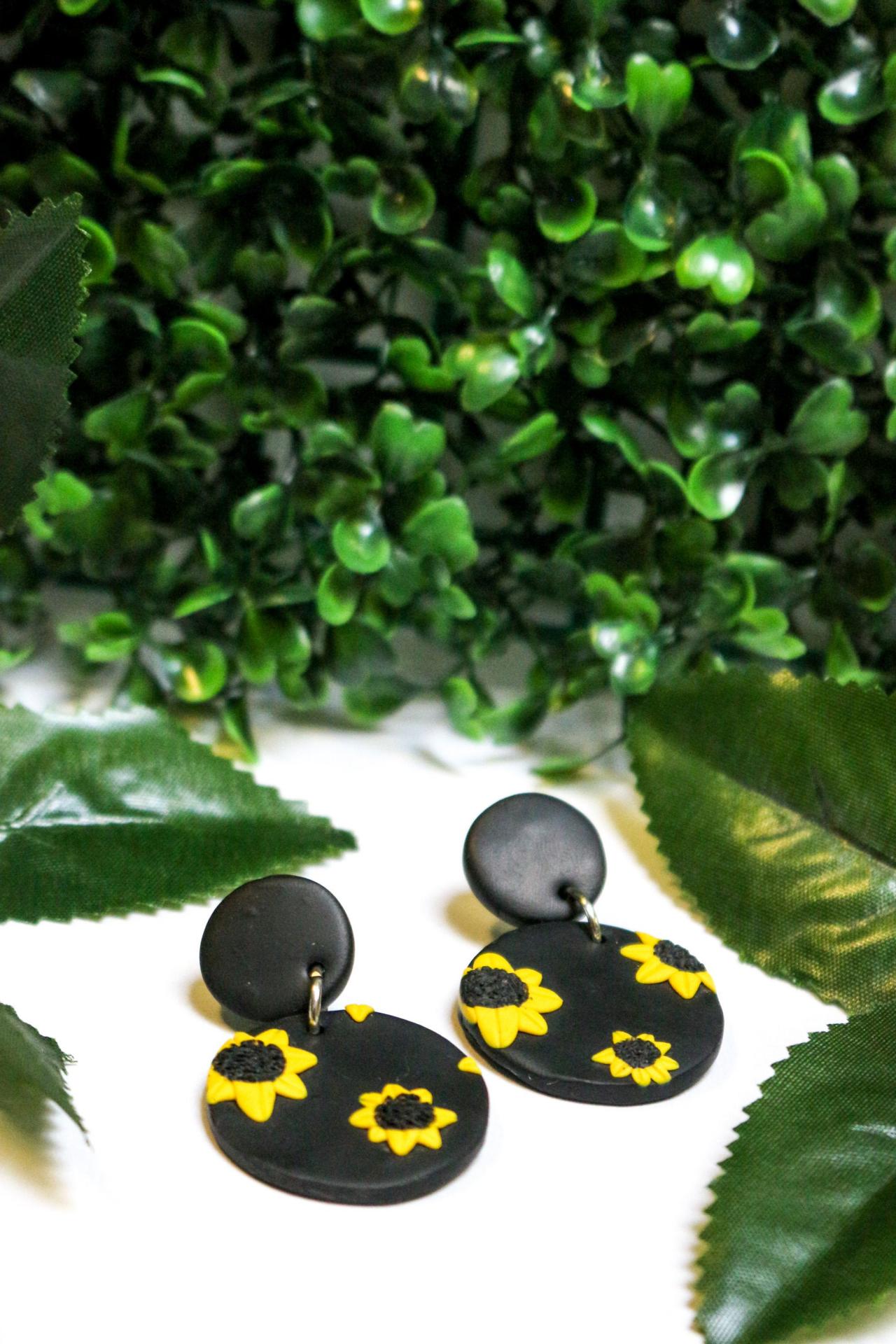 Polymer Clay Sunflower Print Dangles, Stud Tops, Handmade Stud Earrings, Gift For Her, Clay Jewellery, Made In Australia