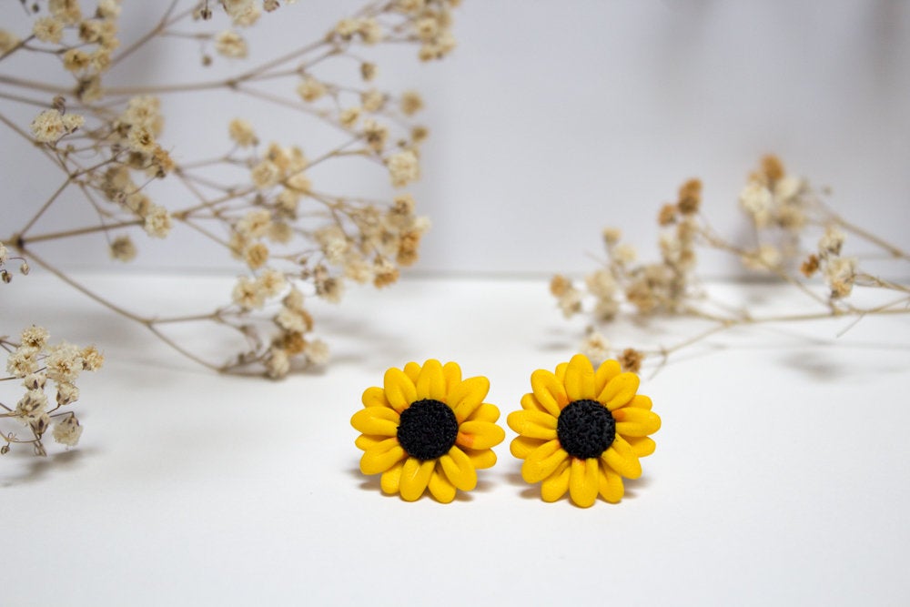 Miniature Handmade Clay Sunflower Stud Earrings, Mini Polymer Clay Jewellery, Flower Earrings, Cute, Gift For Her, Made In Australia