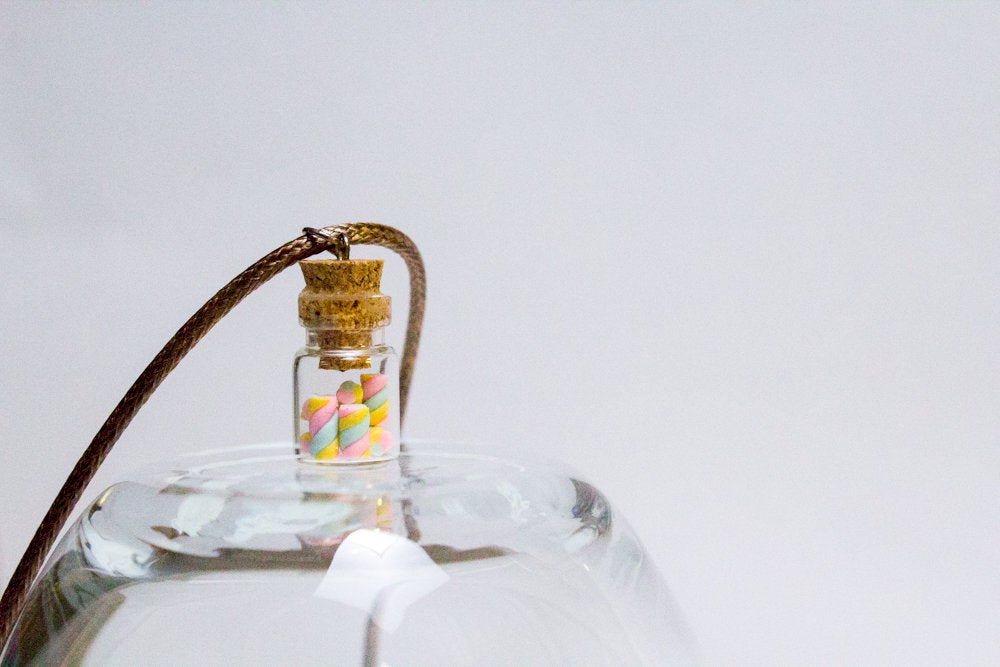 Mini Handmade Marshmallow Twists In A Glass Bottle Necklace, Tiny Glass Bottle Pendant, Children's Gift, Gift For Her, Made In Australia
