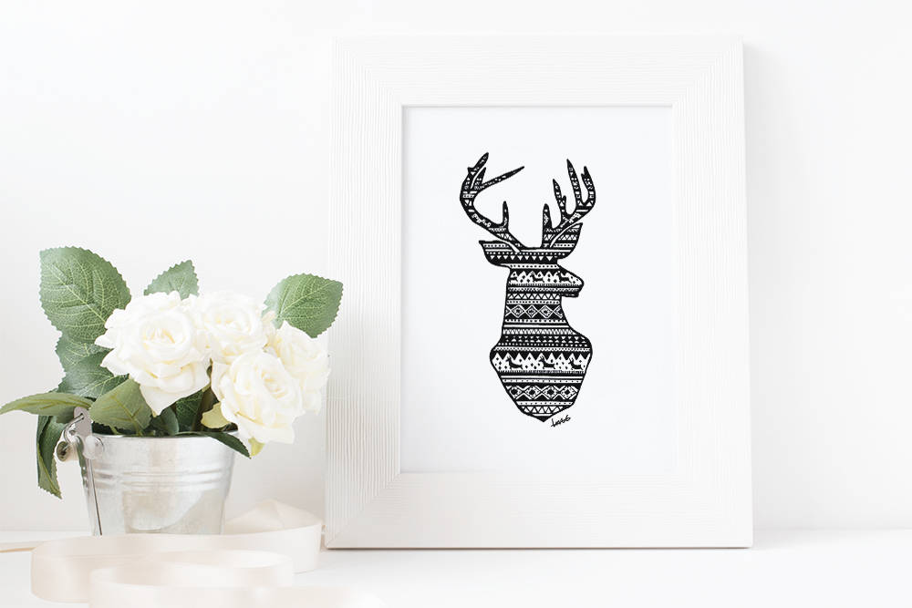 Deer Drawing Art Print, Handmade, Hand Drawn Festive Pattern Reindeer, Gift For Him, Gifts For Her, Ink Drawing, Made In Australia