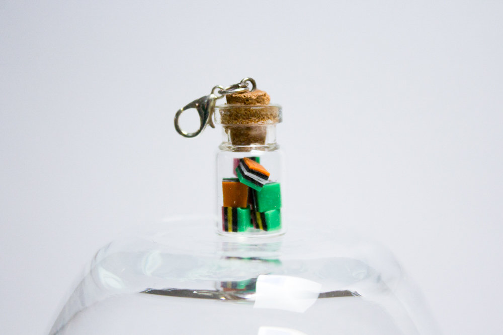Miniature Handmade Licorice Allsorts Bottle Charm, Polymer Clay Charm with Clasp, Tiny Liquorice Allsorts, Gift for Him, Made in Australia
