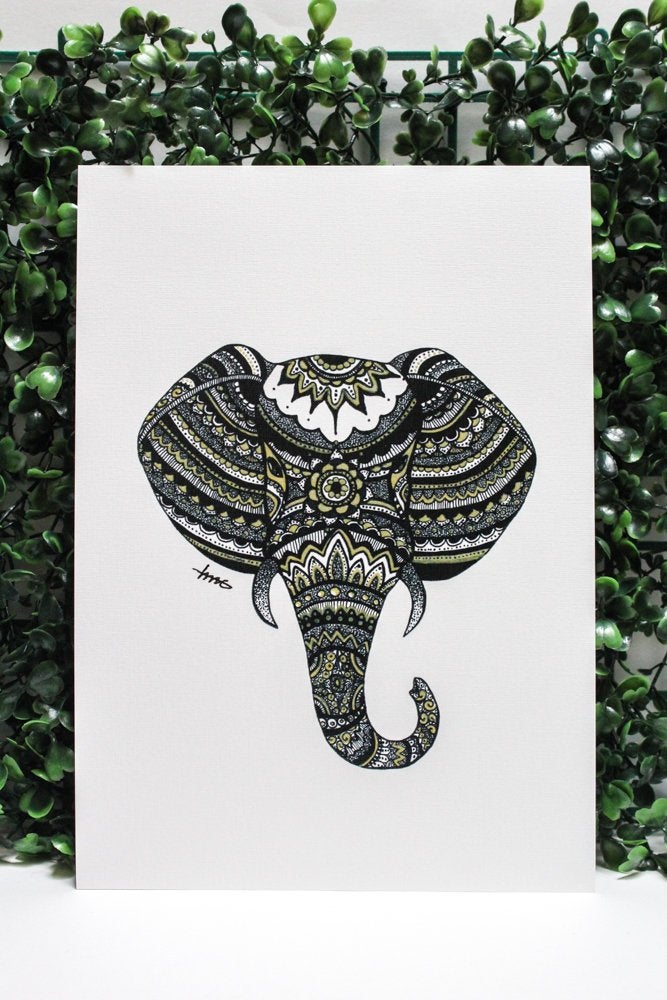 A5 Zentangle Elephant Art Print, Small Drawing Print, Home Decor, Housewarming Gift, Made in Australia