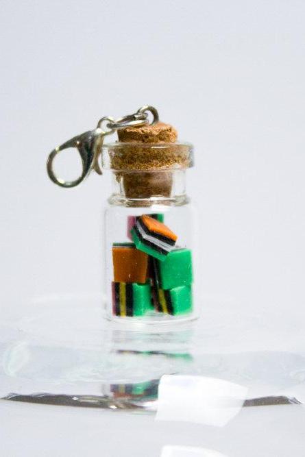 Miniature Handmade Licorice Allsorts Bottle Charm, Polymer Clay Charm with Clasp, Tiny Liquorice Allsorts, Gift for Him, Made in Australia