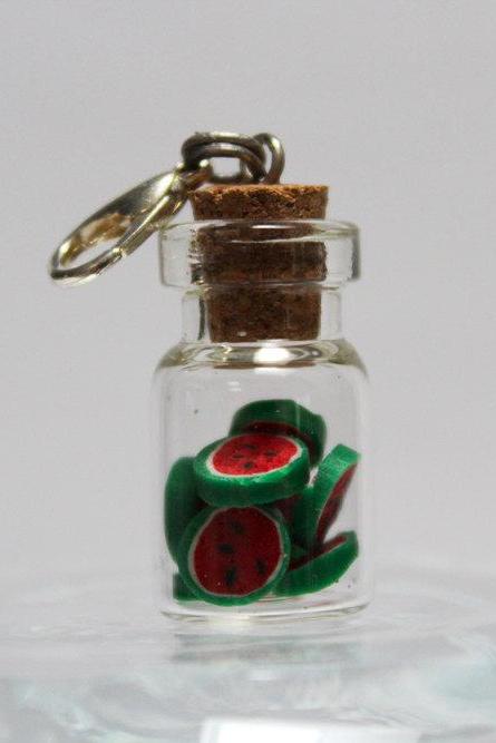 Miniature Watermelon Slices Bottle Charm, Handmade Polymer Clay Watermelon Cane, Cute Gift for Her, Child, Necklace Charm, Made in Australia